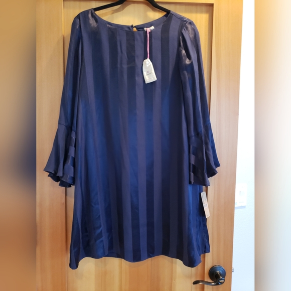 NWT Cremieux M Navy Blue Selina Satin Striped Tulip Dress Bell Sleeves Elegant - Picture 2 of 7